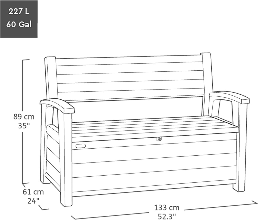 227L Outdoor Storage Bench — Seats 2, Wood-Look Resin, All-Weather