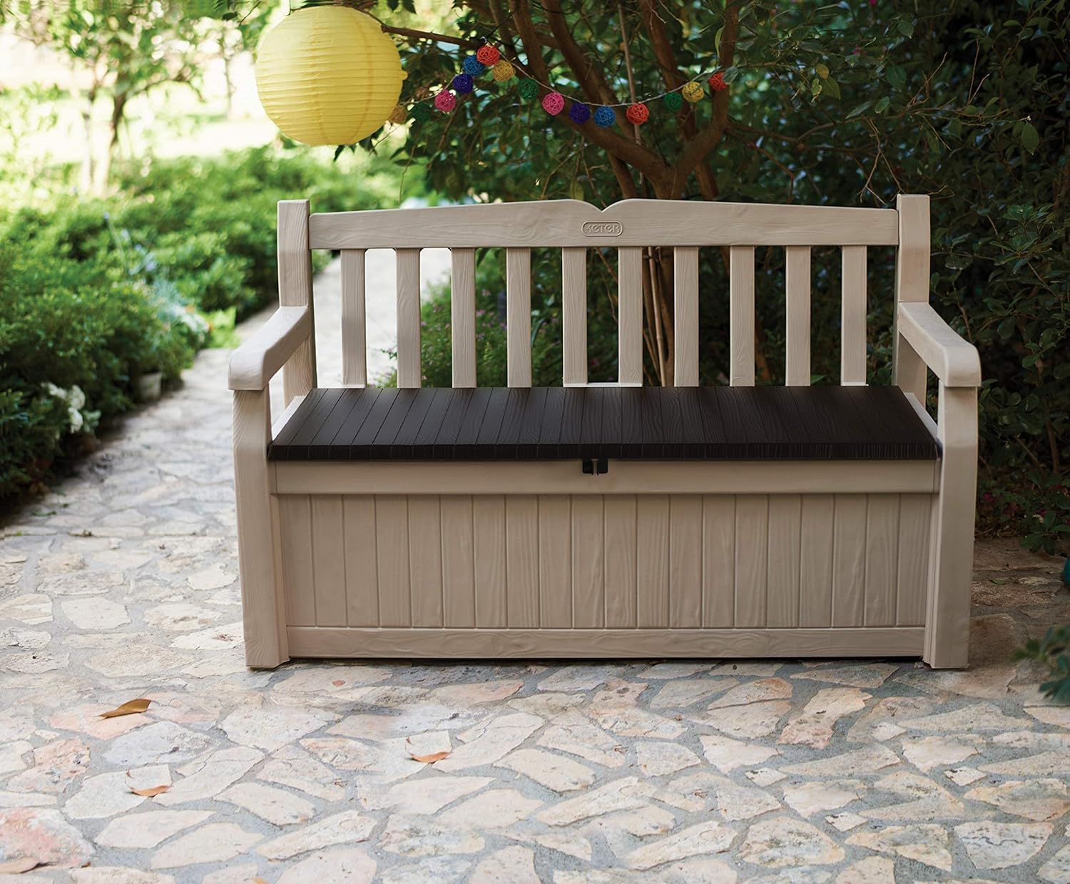 Keter Eden Bench 265L Outdoor 60% recycled Garden Furniture Storage Box Beige & Brown Wood Panel Effect