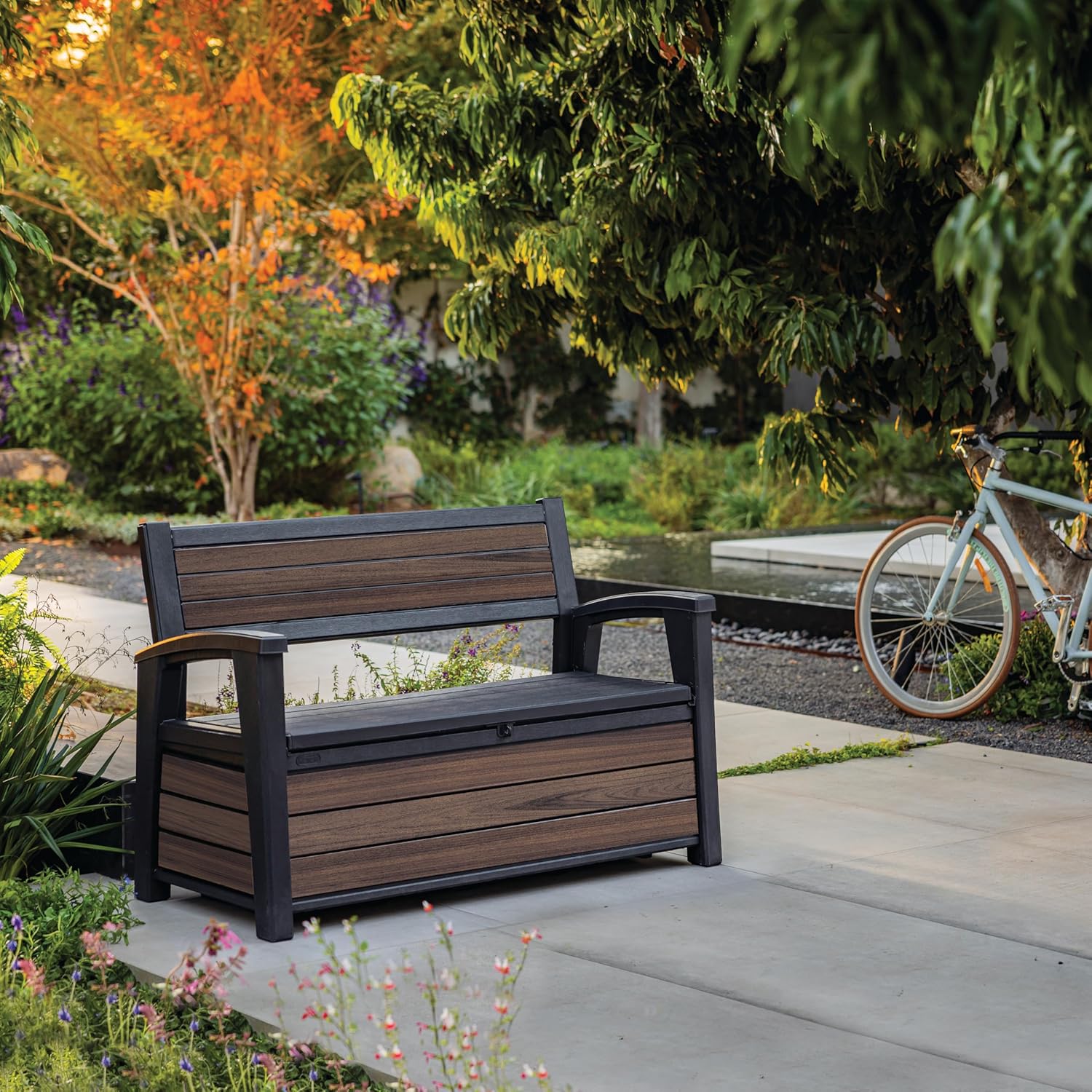 227L Outdoor Storage Bench — Seats 2, Wood-Look Resin, All-Weather