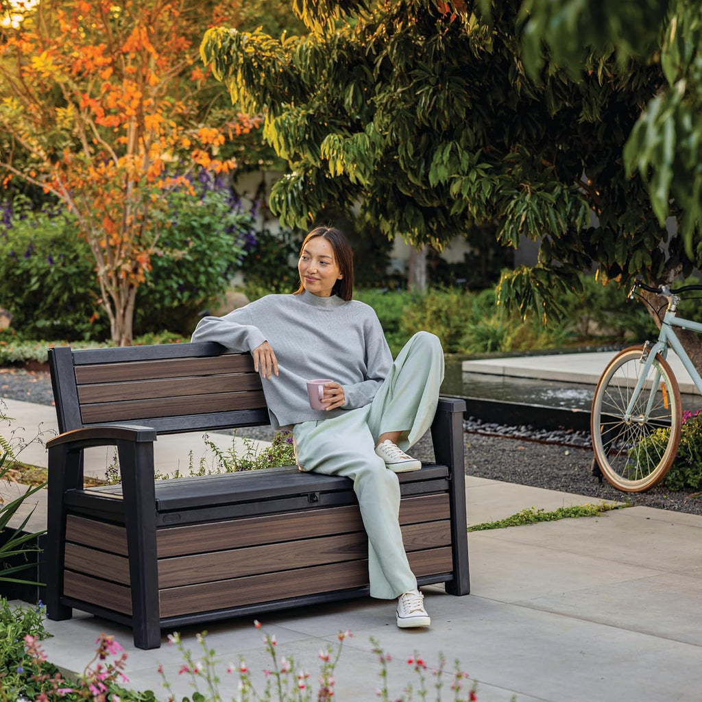 227L Outdoor Storage Bench — Seats 2, Wood-Look Resin, All-Weather