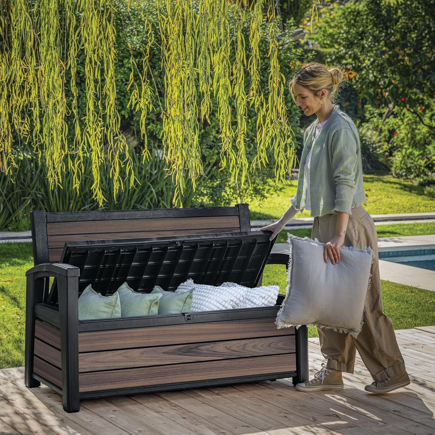 227L Outdoor Storage Bench — Seats 2, Wood-Look Resin, All-Weather