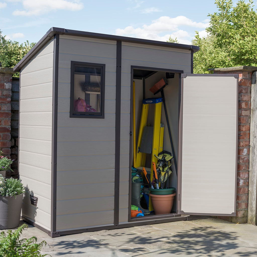 Keter Manor Outdoor Pent Single Door Garden Storage Shed 6 x 4ft Beige Brown Wood Effect